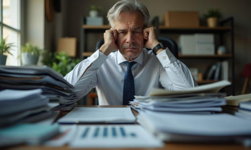 Business person put his head in his hands and massages his temples, suffering from headache, at table with pile of papers or documents. Concept of overwork, fatigue, lack of time and business problems